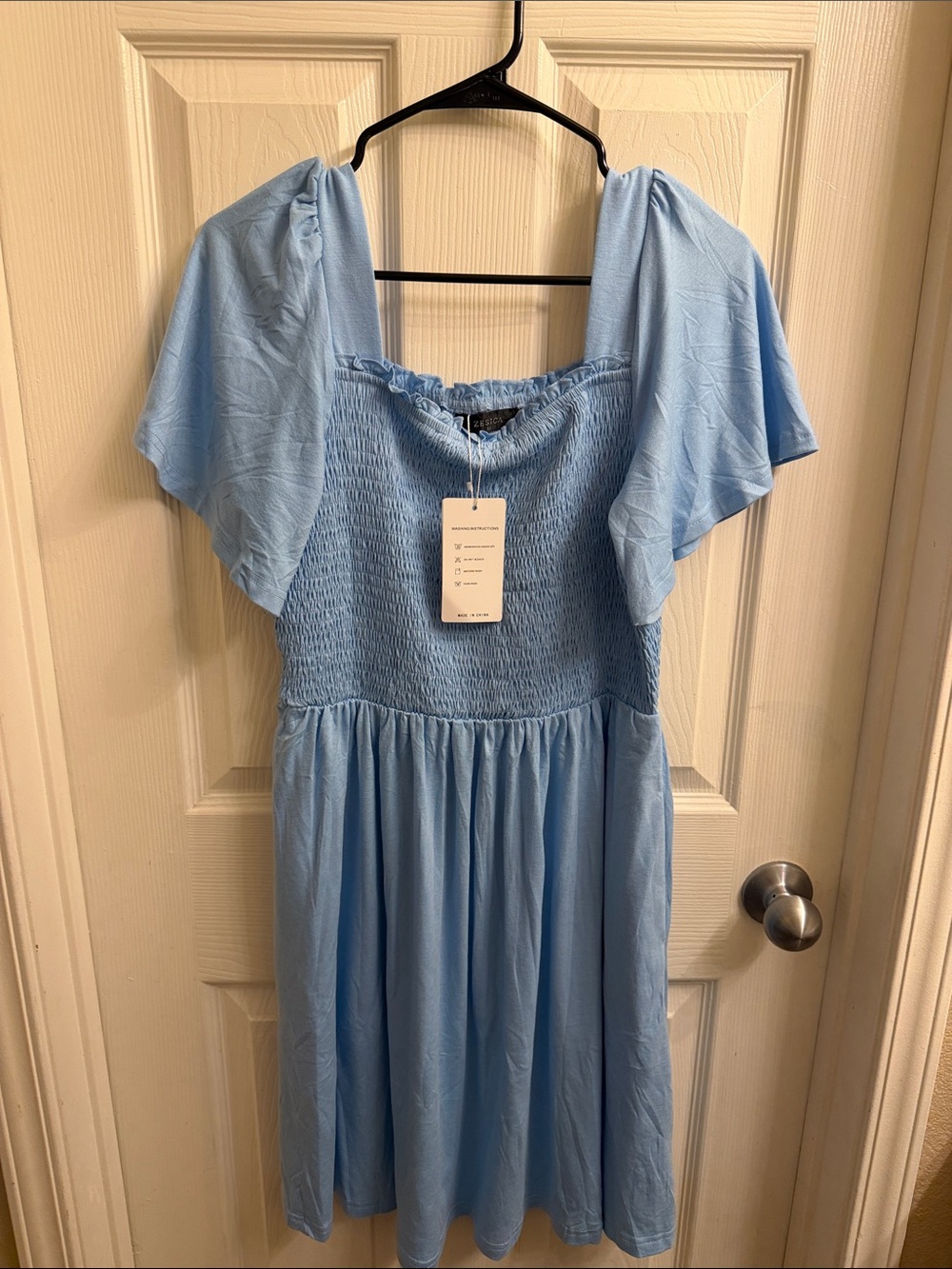 Light Blue Smocked Midi Dress with Flutter Sleeves